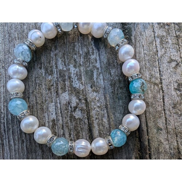 Vintage Rhinestone Pearl Bracelet Stack, 3 Pearly Stretch Bracelets - Picture 3 of 10